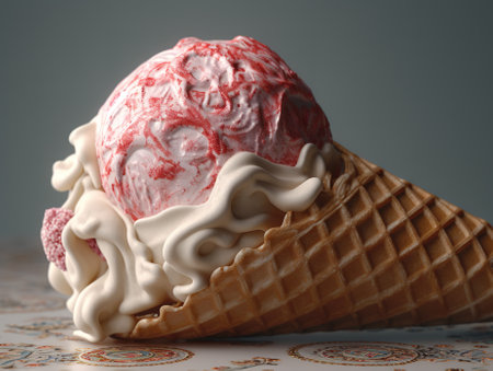 Ice cream in a waffle cone on a dark background. 3d renderの素材