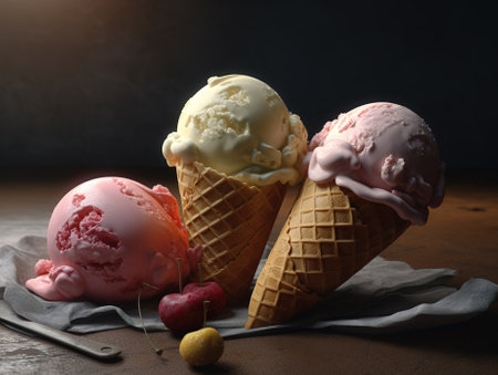 ice cream scoops with cherry in waffle cones on dark backgroundの素材