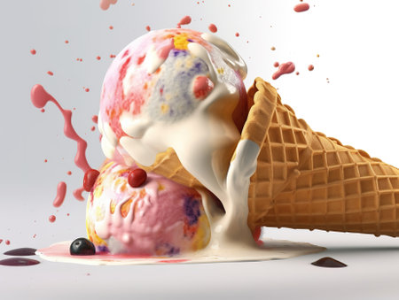ice cream in waffle cone with splashes on a white backgroundの素材