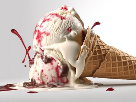 ice cream with strawberry and chocolate syrup in waffle cone on white backgroundの素材