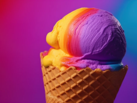Close up of colorful ice cream in waffle cone on purple backgroundの素材