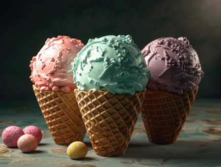 Colorful ice cream scoops in waffle cones on dark backgroundの素材