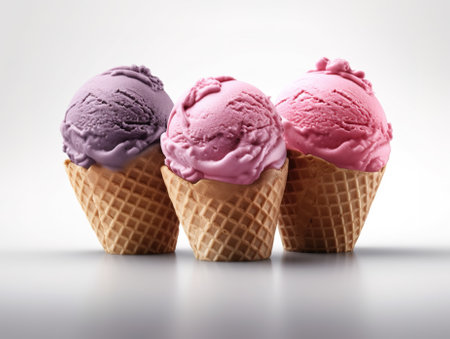 Three ice cream scoops in waffle cones on a gray backgroundの素材
