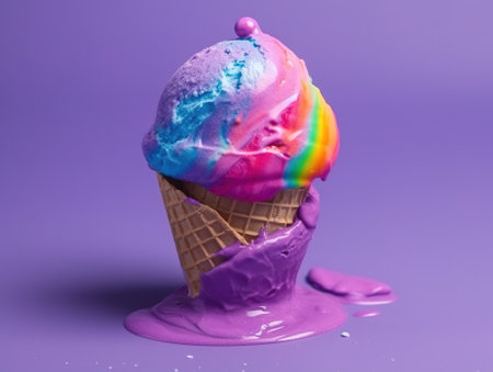 Ice cream in a waffle cone on a purple background. Frozen desserts.の素材