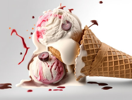 ice cream with chocolate syrup and ice cream cones on a white backgroundの素材