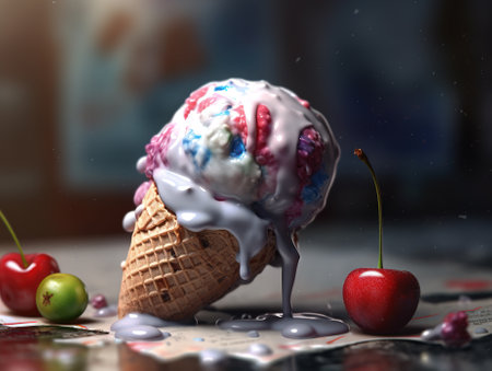 ice cream in a waffle cone on a dark background with cherryの素材