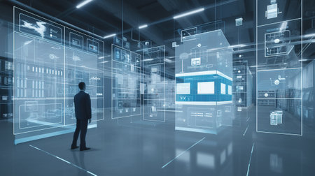 Businessman looking at hologram screen against room with large window showing cityの素材