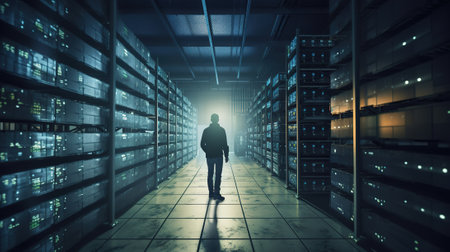 Young man in server room looking at data center. 3d renderの素材