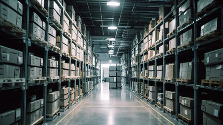 Interior of a warehouse with shelves full of boxes, industrial backgroundの素材