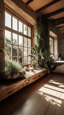 interior of modern living room with window and plant, vintage styleの素材