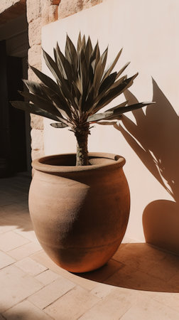 Flowerpot with a palm tree on the terrace of the houseの素材