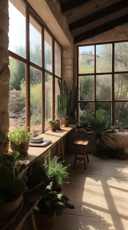Interior of a cozy room with a large window and plants in potsの素材