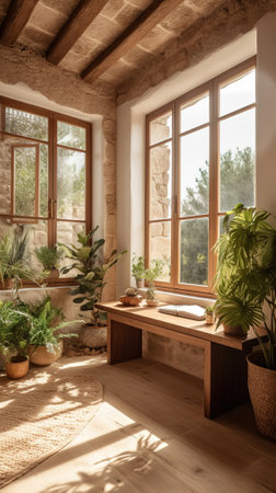 Interior of a room with plants in pots on the windowsillの素材