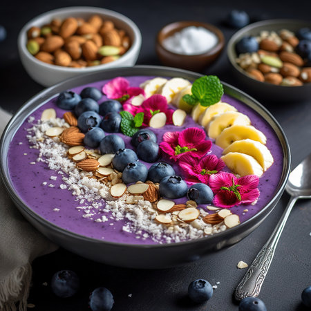 Healthy breakfast bowl with blueberry smoothie, banana, almonds and coconut flakes.の素材