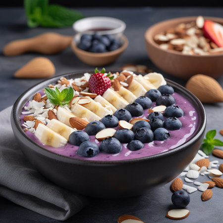 Smoothie bowl with blueberry, banana and almond, selective focus.の素材
