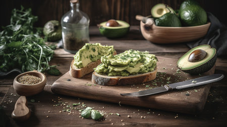 Avocado toast on wooden cutting board, rustic style, selective focusの素材