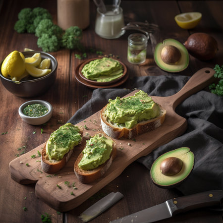 Avocado toast with guacamole and lemon on wooden boardの素材