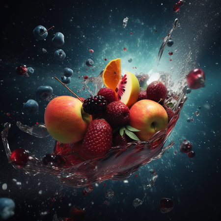 Fruit splashing out of a glass bowl with water splashesの素材