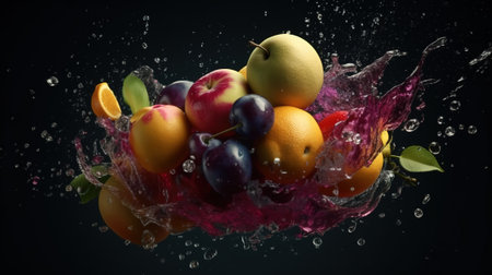 Fruit splashing in water on black background. 3d renderの素材
