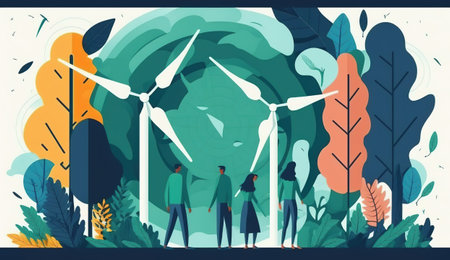 Vector illustration of people standing near wind turbines in the forest. Renewable energy concept.の素材
