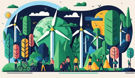 Green energy concept with wind turbines and people. Flat vector illustration.の素材
