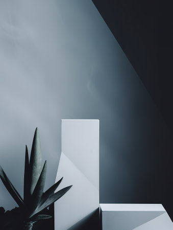 Minimalist abstract scene with geometric shapes and plants. 3d renderの素材