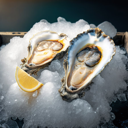 Fresh oysters with lemon on ice. Seafood restaurant menu.の素材