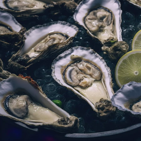 Fresh oysters with lemon and ice in a bowl. Selective focus. Toned.の素材