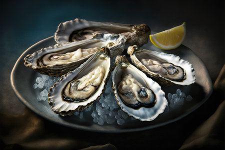 Fresh oysters with ice and lemon on a dark background. Toned.の素材