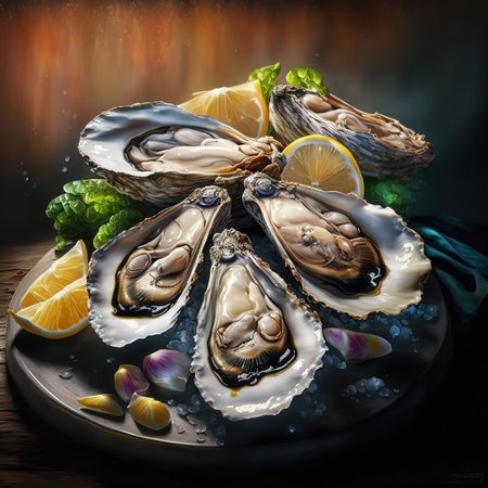 Fresh oysters with lemon and ice on wooden background. Top viewの素材