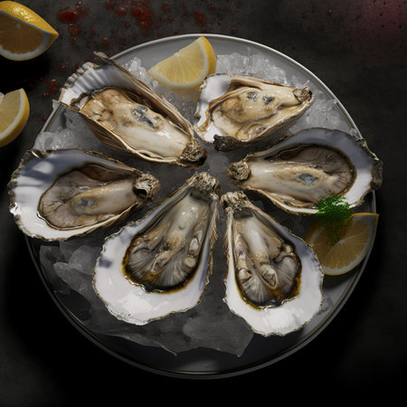 Fresh oysters with lemon and ice on black background, top viewの素材