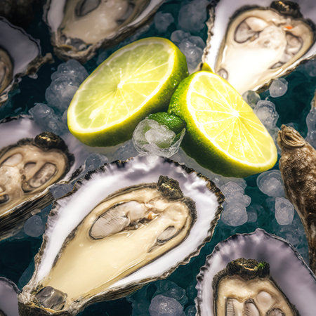 Fresh oysters with ice and lime on blue background, top viewの素材