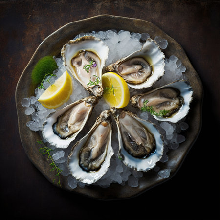 Fresh oysters with lemon and ice on dark background, top viewの素材