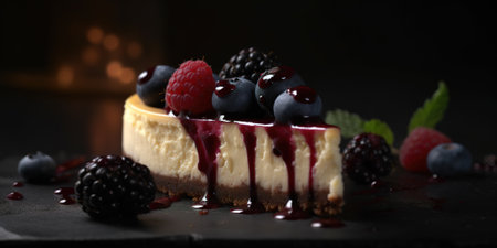 Delicious cheesecake with fresh berries on dark background, closeupの素材