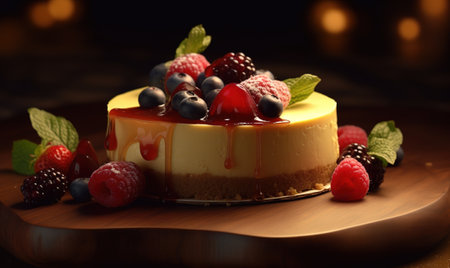 Cheesecake with fresh berries on wooden board. Selective focus.の素材