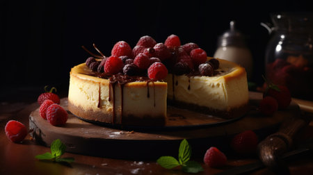 Cheesecake with raspberries and chocolate on a dark backgroundの素材