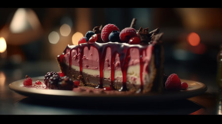 Cheesecake with fresh strawberries on a wooden table with blurred backgroundの素材