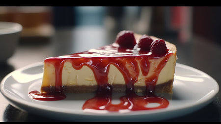 Cheesecake with fresh berries on a black background, selective focusの素材