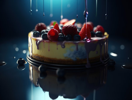 Cheesecake with fresh berries and blueberries on a black backgroundの素材
