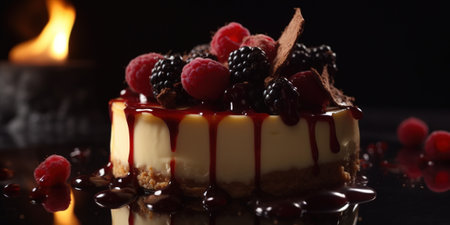 Cheesecake with raspberries and blackberries on a black backgroundの素材