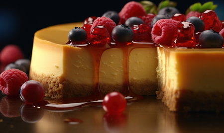 Piece of tasty cheesecake with berries on wooden table, closeupの素材