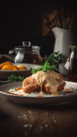 Crispy croquettes with cheese and sauce on wooden tableの素材
