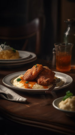 Baked chicken fillet with mashed potatoes on a wooden table.の素材