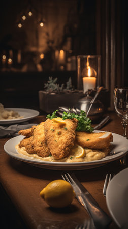 Breaded fish with mashed potatoes and lemon on a wooden tableの素材