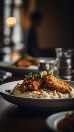 Crispy fried chicken with rice and lemon on a wooden tableの素材