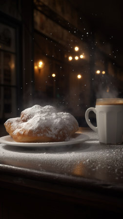 Cup of coffee and croissant on a wooden table in the darkの素材