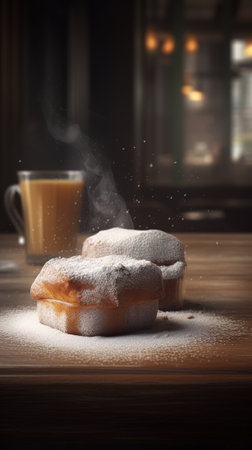 Delicious donuts with sugar powder on wooden table and cup of coffeeの素材
