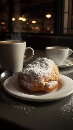 Cup of coffee and croissant with sugar powder on tableの素材