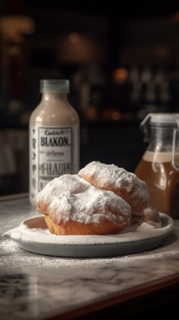 Freshly baked donuts with powdered sugar and a bottle of milkの素材