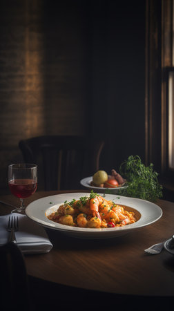 Seafood dish on a white plate in a restaurant. Selective focus.の素材